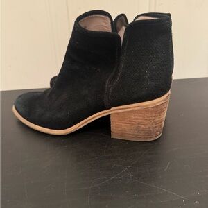 Hinge Black Suede Ankle Booties Stacked Wood Block Heel 8
